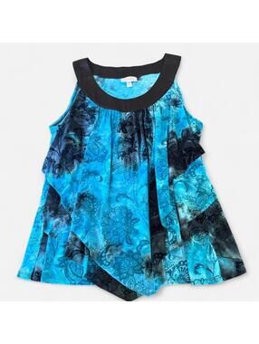 Retro Blue and Black Layered Tie Dye Velvet Blouse, Size XL